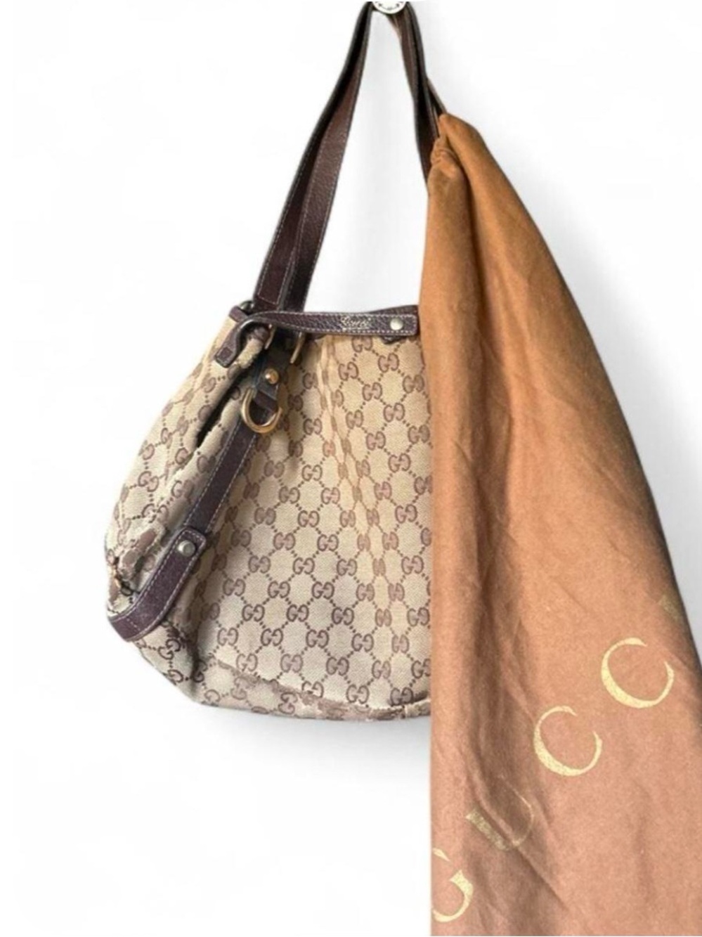 Vintage Gucci Abbey Beige GG Canvas Shoulder Bag Brown Leather Trim and Dust Bag